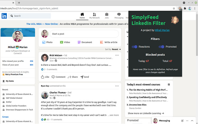 SimplyFeed LinkedIn Feed Filter  from Chrome web store to be run with OffiDocs Chromium online