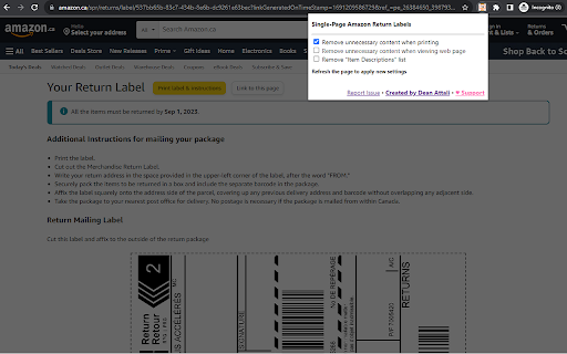 Single Page Amazon Return Labels  from Chrome web store to be run with OffiDocs Chromium online