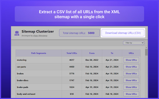Sitemap Clusterizer Simplify XML Sitemap Analysis  from Chrome web store to be run with OffiDocs Chromium online