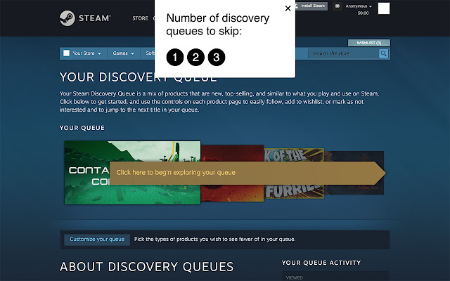 Skip Steam discovery queues  from Chrome web store to be run with OffiDocs Chromium online