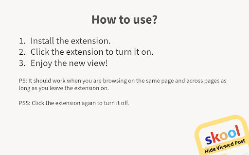Skool Hide Viewed Post from Chrome web store to be run with OffiDocs Chromium online Skool Hide Viewed Post from Chrome web store to be run with OffiDocs Chromium online