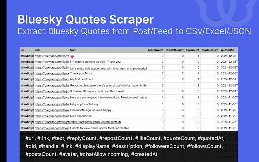 SkyQuotes Bluesky Quotes Export Tool  from Chrome web store to be run with OffiDocs Chromium online