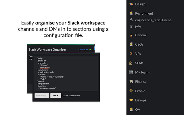 Slack Workspace Organiser  from Chrome web store to be run with OffiDocs Chromium online
