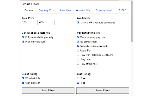 Smart Filters for Hotels  from Chrome web store to be run with OffiDocs Chromium online