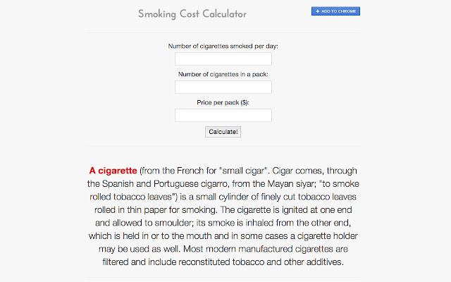 Smoking Calculator  from Chrome web store to be run with OffiDocs Chromium online