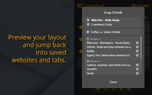SnapzBack Layout Manager Windows  Tabs  from Chrome web store to be run with OffiDocs Chromium online