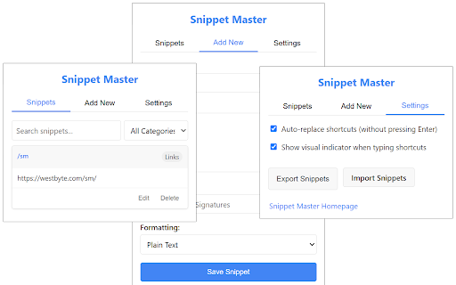 Snippet Master  from Chrome web store to be run with OffiDocs Chromium online
