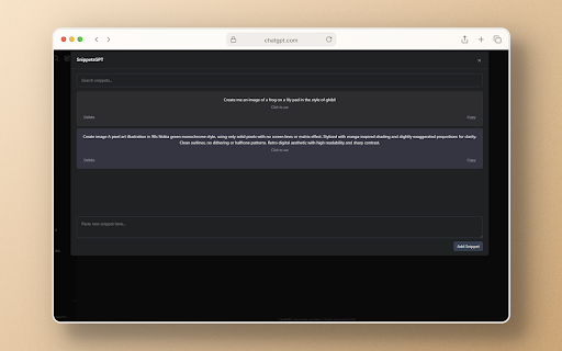 SnippetsGPT  from Chrome web store to be run with OffiDocs Chromium online