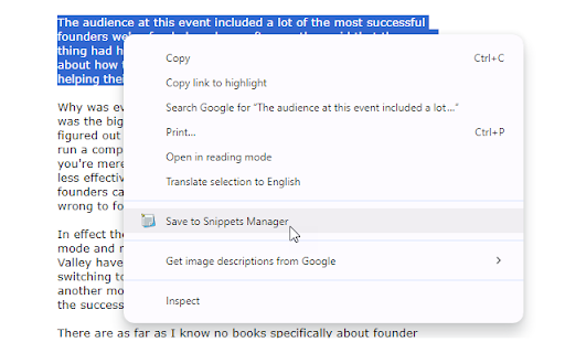 Snippets Manager  from Chrome web store to be run with OffiDocs Chromium online