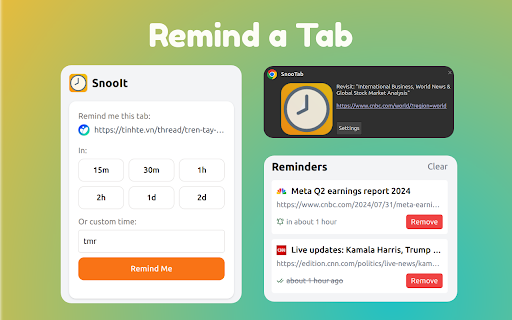 SnooIt Smart Tab Reminders  from Chrome web store to be run with OffiDocs Chromium online
