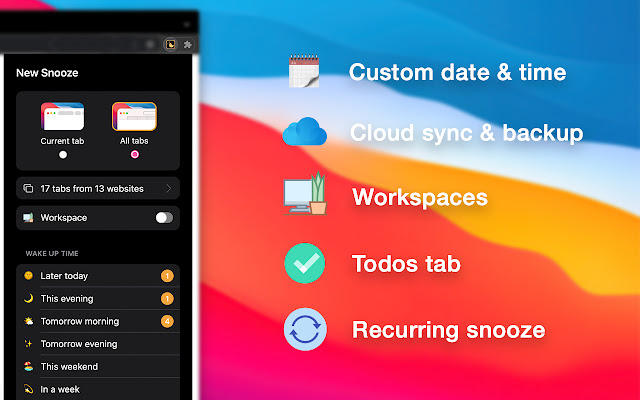 Snooze Tabs  from Chrome web store to be run with OffiDocs Chromium online