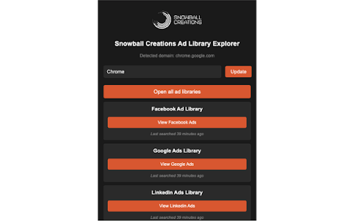 Snowball Creations Ad Library Explorer  from Chrome web store to be run with OffiDocs Chromium online