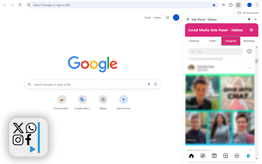Social Media Side Panel Facebook, Twitter, Instagram  WhatsApp  from Chrome web store to be run with OffiDocs Chromium online