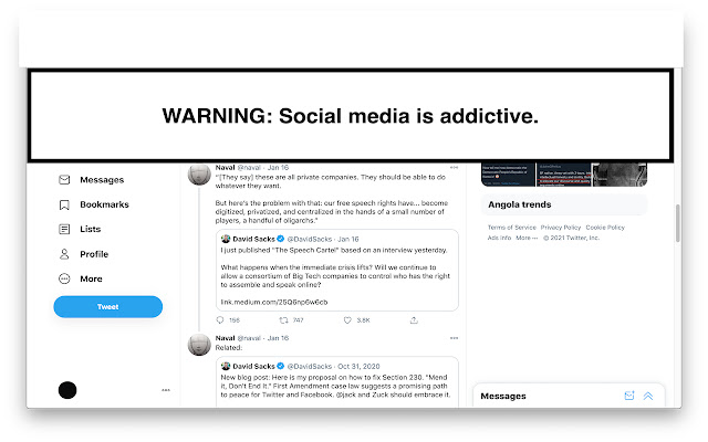 Social Media Warning  from Chrome web store to be run with OffiDocs Chromium online