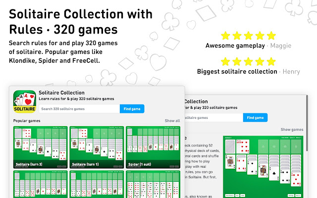 ຄໍເລັກຊັນ Solitaire ກັບກົດລະບຽບ (320 ເກມ) ຈາກຮ້ານເວັບ Chrome ທີ່ຈະດໍາເນີນການກັບ OffiDocs Chromium ອອນໄລນ໌