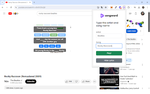 SongWord  from Chrome web store to be run with OffiDocs Chromium online