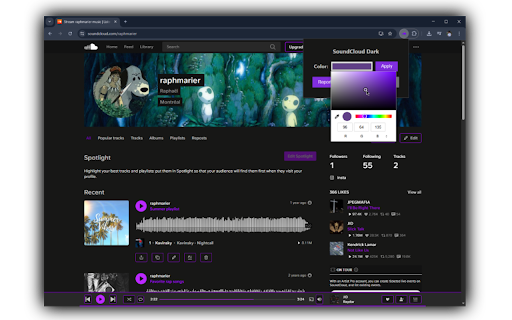 SoundCloud Dark Color theme for SoundCloud  from Chrome web store to be run with OffiDocs Chromium online