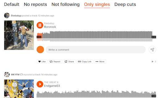 SoundCloud Feed Filter from Chrome web store to be run with OffiDocs Chromium online SoundCloud Feed Filter from Chrome web store to be run with OffiDocs Chromium online