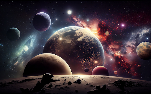 Spaceship orbits in a dark orbit with a glowing galaxy  from Chrome web store to be run with OffiDocs Chromium online