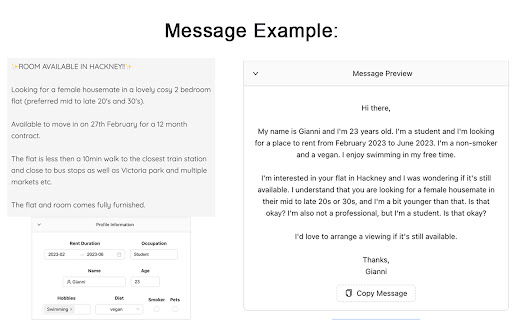 Spareroom Message Generator  from Chrome web store to be run with OffiDocs Chromium online