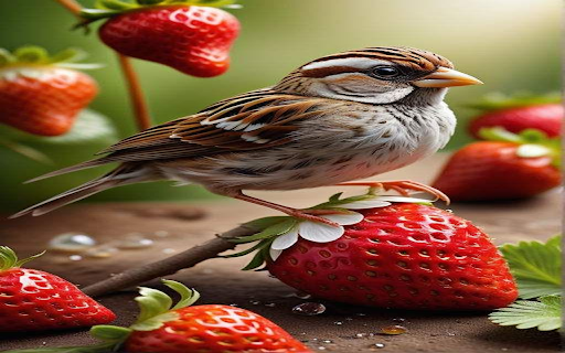 Sparrow and strawberry wallpaper  from Chrome web store to be run with OffiDocs Chromium online
