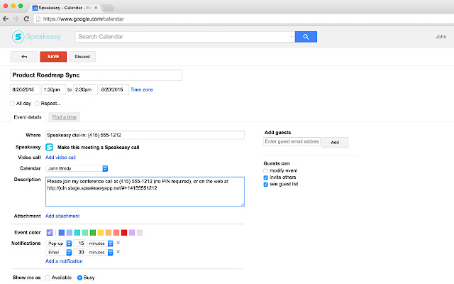 Speakeasy Calendar Plugin  from Chrome web store to be run with OffiDocs Chromium online
