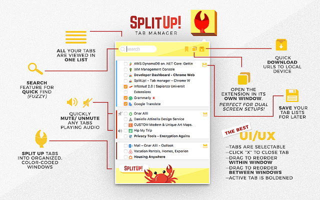 SplitUp! Tab manager  from Chrome web store to be run with OffiDocs Chromium online