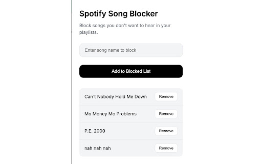 Spotify Song Blocker  from Chrome web store to be run with OffiDocs Chromium online