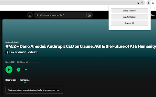Spotify Transcript Extractor from Chrome web store to be run with OffiDocs Chromium online Spotify Transcript Extractor from Chrome web store to be run with OffiDocs Chromium online
