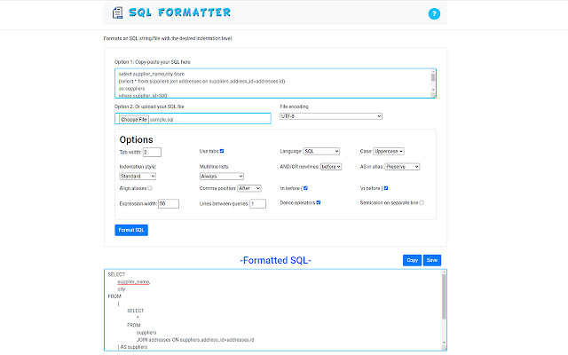 SQL Formatter  from Chrome web store to be run with OffiDocs Chromium online