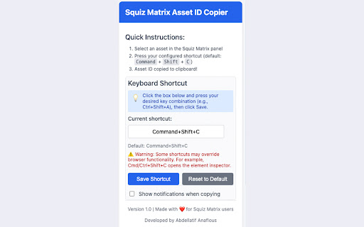 Squiz Matrix Asset ID Copier  from Chrome web store to be run with OffiDocs Chromium online