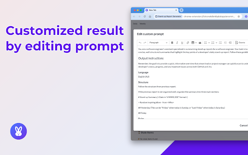 Stand up Report Generator  from Chrome web store to be run with OffiDocs Chromium online