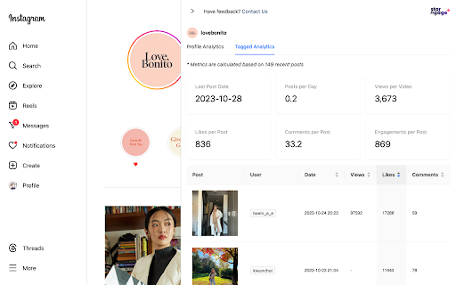 StarNgage Instagram Profile Analyzer  from Chrome web store to be run with OffiDocs Chromium online