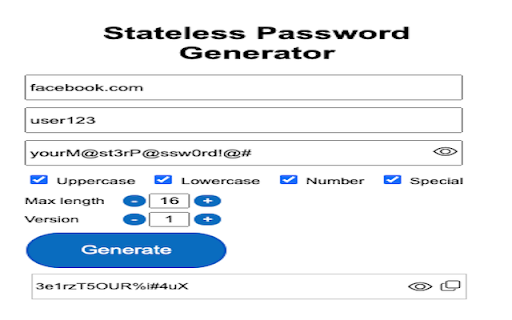 Stateless Password Generator  from Chrome web store to be run with OffiDocs Chromium online