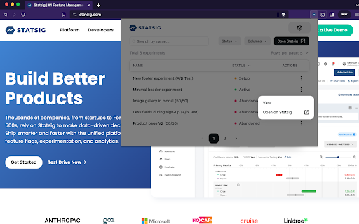 Statsig Features and Experimentation  from Chrome web store to be run with OffiDocs Chromium online