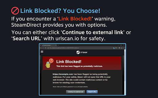 SteamDirect : Skip Redirect Warning  from Chrome web store to be run with OffiDocs Chromium online