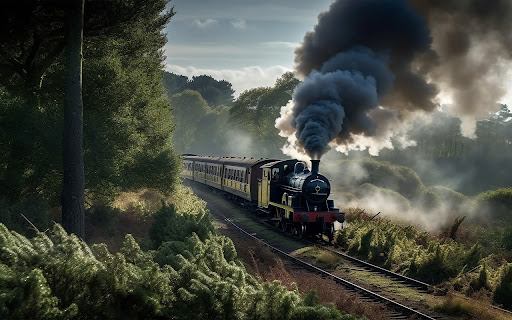 steam locomotive chugging through rural forest landscape  from Chrome web store to be run with OffiDocs Chromium online