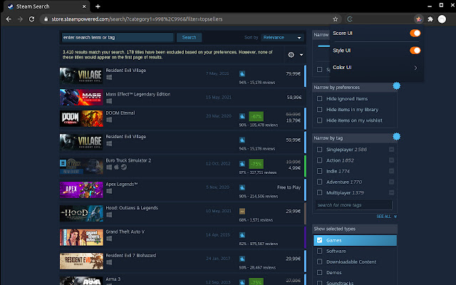 Steam UI reviews  from Chrome web store to be run with OffiDocs Chromium online