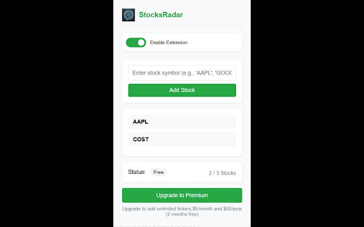 StocksRadar  from Chrome web store to be run with OffiDocs Chromium online