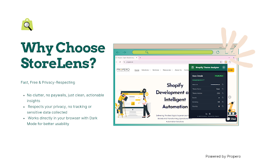 StoreLens Shopify Theme Analyzer  from Chrome web store to be run with OffiDocs Chromium online