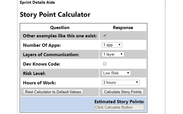 Story Point Calculator  from Chrome web store to be run with OffiDocs Chromium online