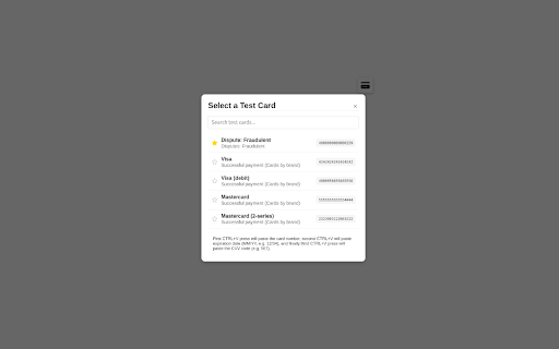 Stripe Test Cards Helper  from Chrome web store to be run with OffiDocs Chromium online