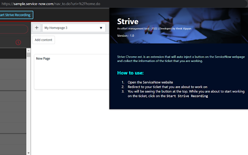 Strive Chrome Ext ServiceNow  from Chrome web store to be run with OffiDocs Chromium online