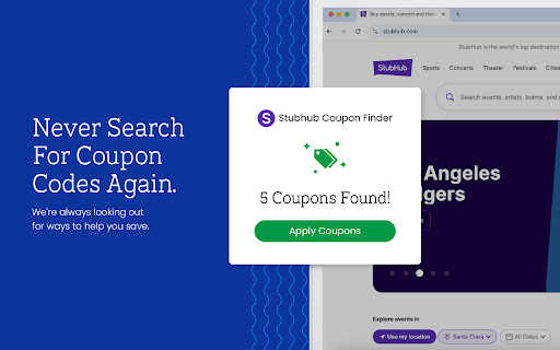 Stubhub Coupon Saver Official Coupons  Best Deals  from Chrome web store to be run with OffiDocs Chromium online