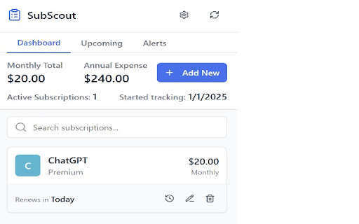 SubScout Subscription Manager  from Chrome web store to be run with OffiDocs Chromium online