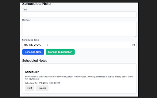 Substack Note Scheduler from Chrome web store to be run with OffiDocs Chromium online Substack Note Scheduler from Chrome web store to be run with OffiDocs Chromium online