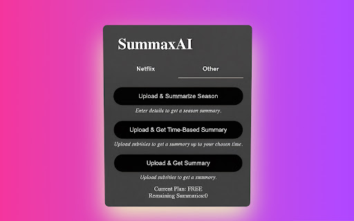 Summax AI: Summarize Netflix movies/shows up to current playback time  from Chrome web store to be run with OffiDocs Chromium online
