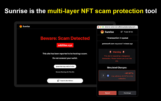 Sunrise: NFT Scam Protector จาก Chrome เว็บสโตร์ที่จะรันด้วย OffiDocs Chromium ทางออนไลน์