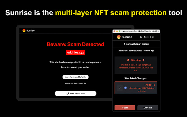 সানরাইজ: ক্রোম ওয়েব স্টোর থেকে NFT স্ক্যাম প্রোটেক্টর OffiDocs Chromium অনলাইনে চালানো হবে