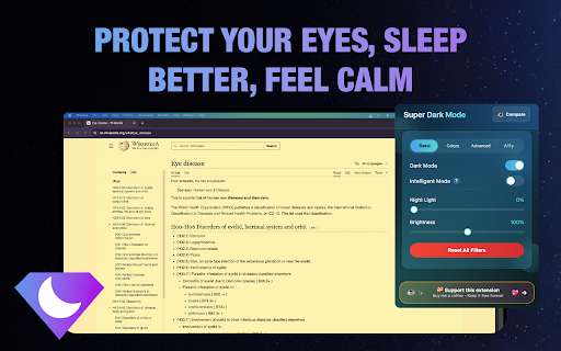 Super Dark Mode: Total Control for Your Eyes  from Chrome web store to be run with OffiDocs Chromium online